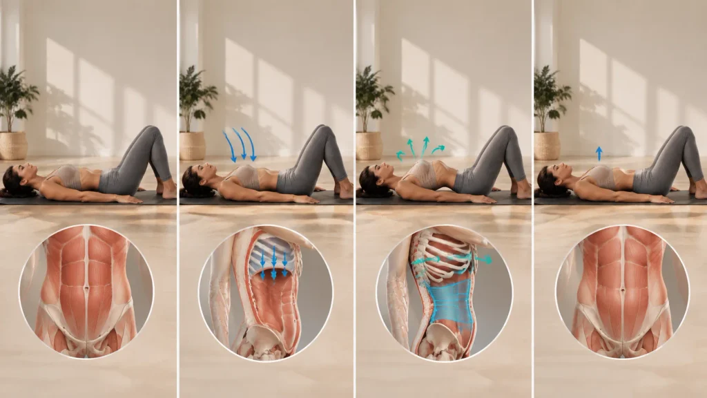 Étapes pas à pas pour réussir la fausse inspiration thoracique en stomach vacuum.