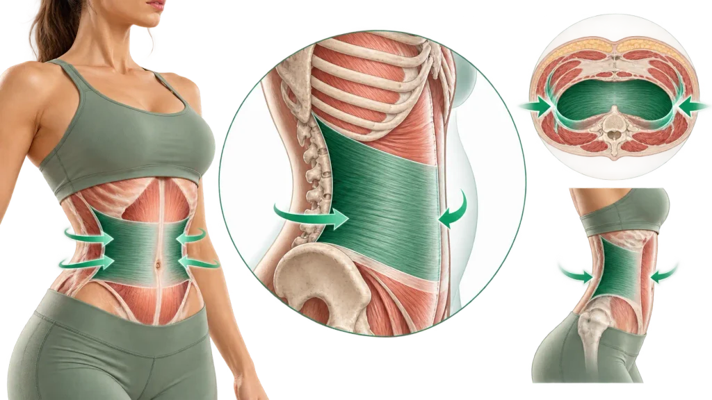 Schéma du muscle transverse illustrant les bienfaits anatomiques du stomach vacuum sur les organes digestifs.