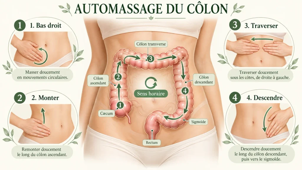 Protocole de massage pour le ventre gonflé et schema du transit colique