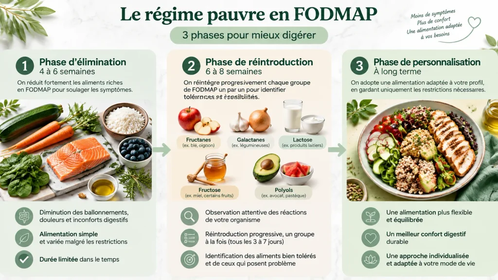 Regime sans FODMAP ventre plat et schema du protocole Monash