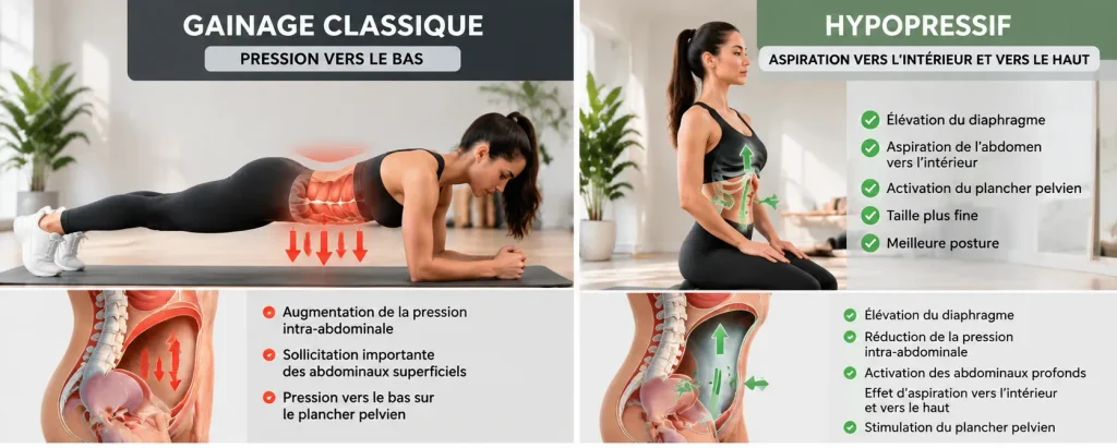 Gainage Hypopressif vs Planche : 3 Différences Essentielles Analyse anatomique du gainage hypopressif vs planche traditionnelle