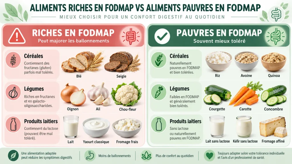 Tableau comparatif des aliments pour le regime sans FODMAP ventre plat