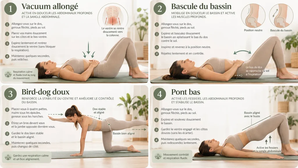 Abdos Transverse Exercices Femme : Le Guide Doux pour Resserrer la Ligne Blanche sans Danger Guide illustré des 4 exercices doux pour renforcer le muscle transverse chez la femme.