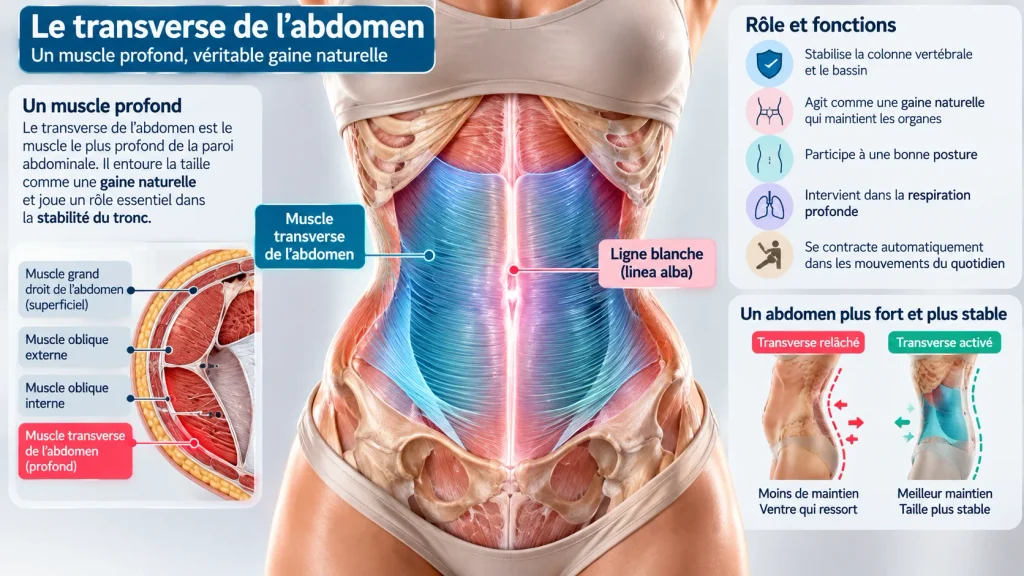 Abdos Transverse Exercices Femme : Le Guide Doux pour Resserrer la Ligne Blanche sans Danger Schéma montrant le muscle transverse et la ligne blanche reliant les abdominaux chez la femme.