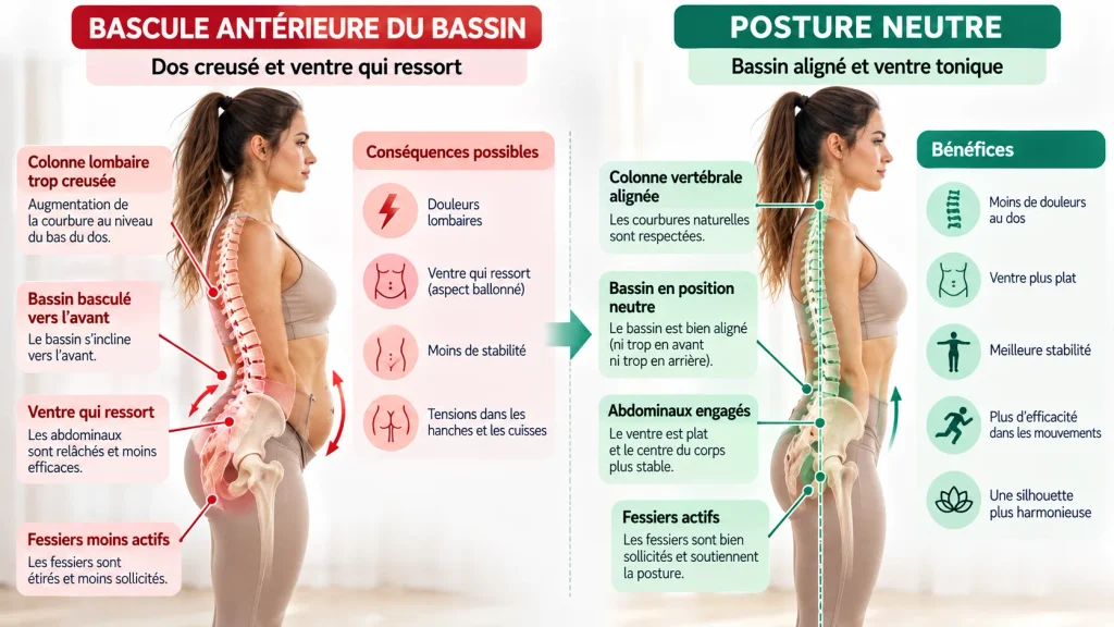 Exercices Posture Dos et Ventre Plat Femme : Le Protocole pour se Redresser posture dos bassin ventre femme schema