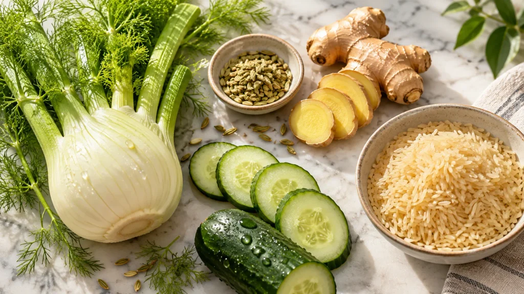meilleurs aliments anti-ballonnement ventre plat dont le concombre pelé, le gingembre et le fenouil.